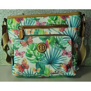 Gianni Bernini Crossbody Bag Tropical Butterfly Floral Print Tan Strap - NWOT